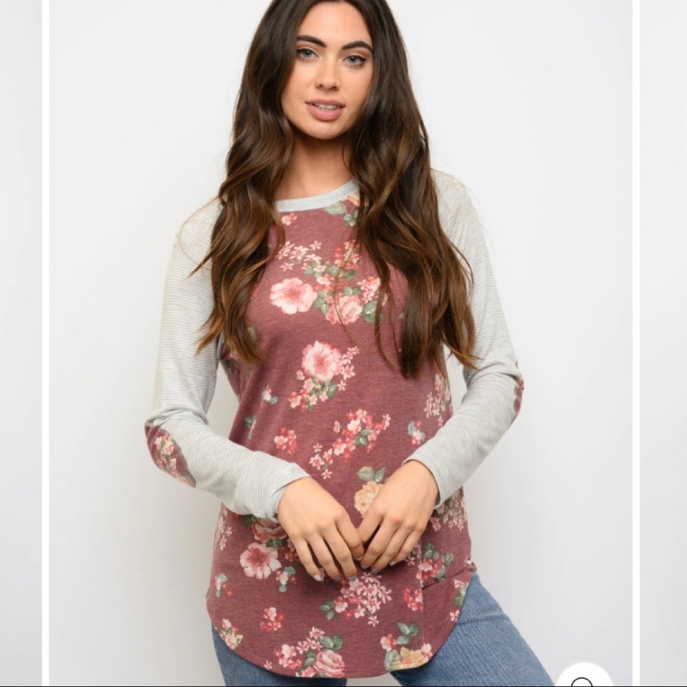 🐞🌺3 for$35🐞🌺 First Look Women’s Floral Elbow Patches Long Sleeve Stripe Top